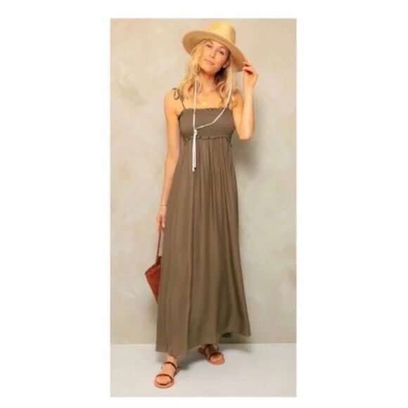 TUCKERNUCK Pomander Place Shallon Tie Strap Smocked Maxi Dress Olive Green Small - Picture 1 of 9